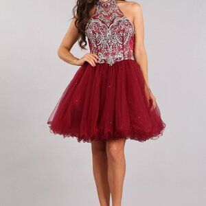 BURGUNDY Rhinestone Party Dress 1733